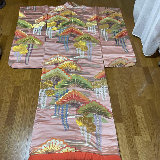 Uchikake Wedding Kimono Silk Dusty Pink with Pine and Wisteria Motif Length 185 cm