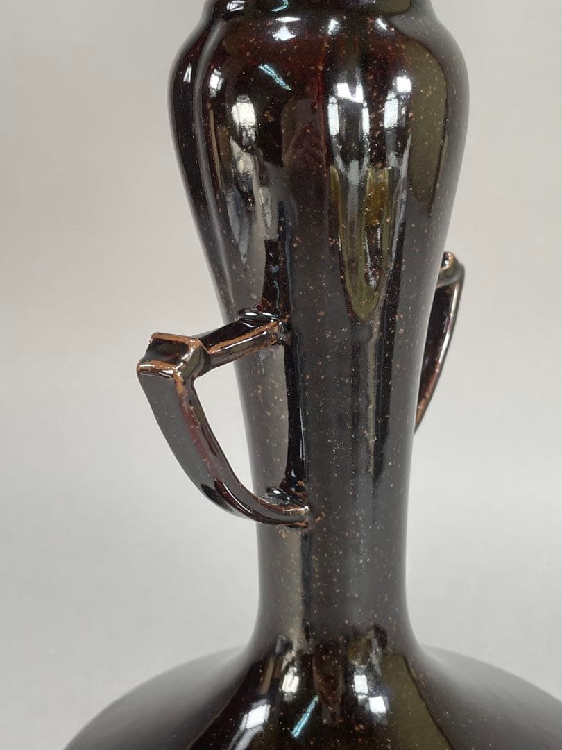 Iwasaki Shinjo Zeze-yaki Flower Vase Eared Koji-guchi Black Glaze w/ Box 30.7cm