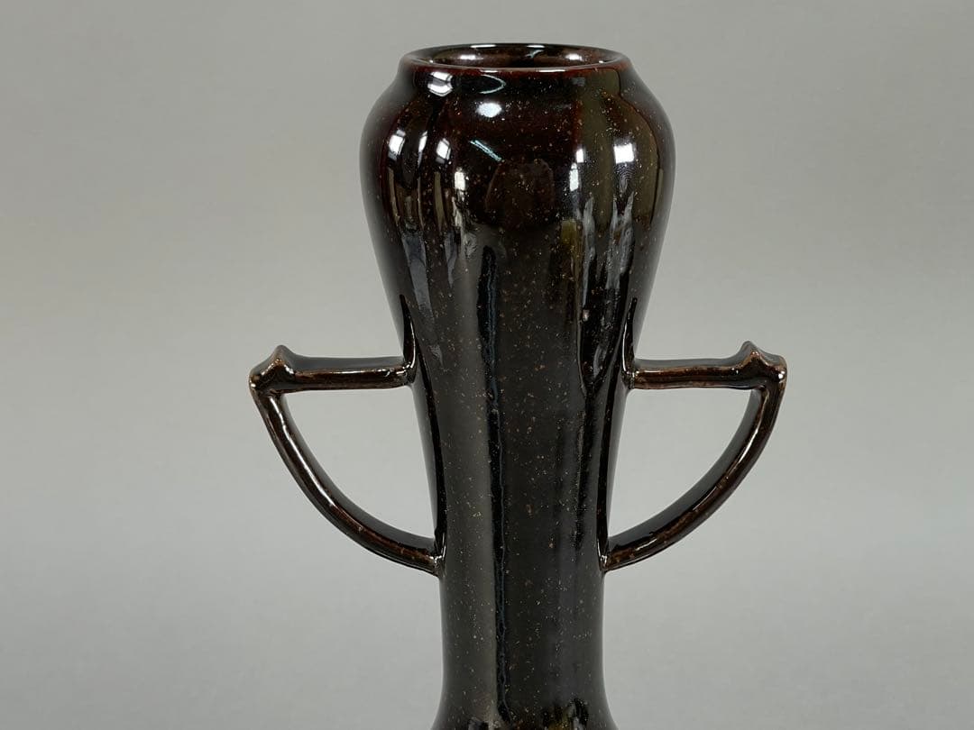 Iwasaki Shinjo Zeze-yaki Flower Vase Eared Koji-guchi Black Glaze w/ Box 30.7cm