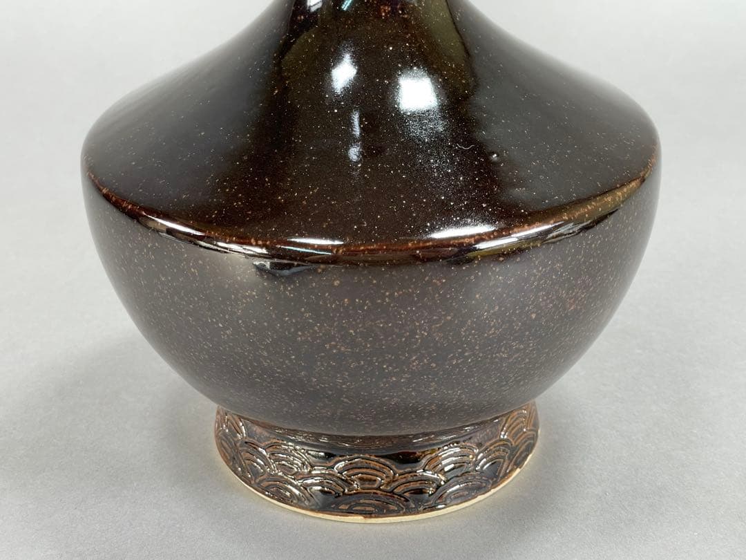 Iwasaki Shinjo Zeze-yaki Flower Vase Eared Koji-guchi Black Glaze w/ Box 30.7cm