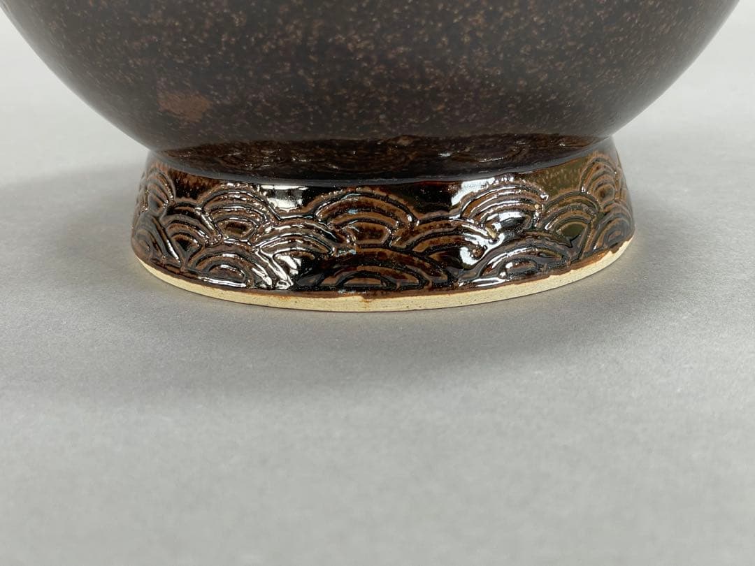 Iwasaki Shinjo Zeze-yaki Flower Vase Eared Koji-guchi Black Glaze w/ Box 30.7cm