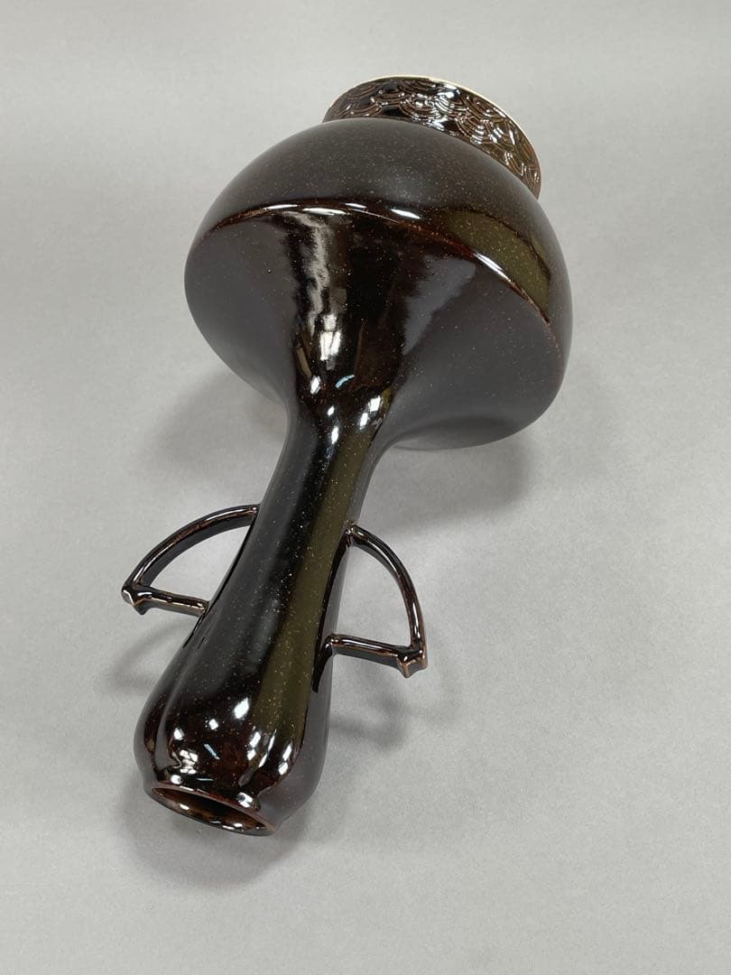 Iwasaki Shinjo Zeze-yaki Flower Vase Eared Koji-guchi Black Glaze w/ Box 30.7cm