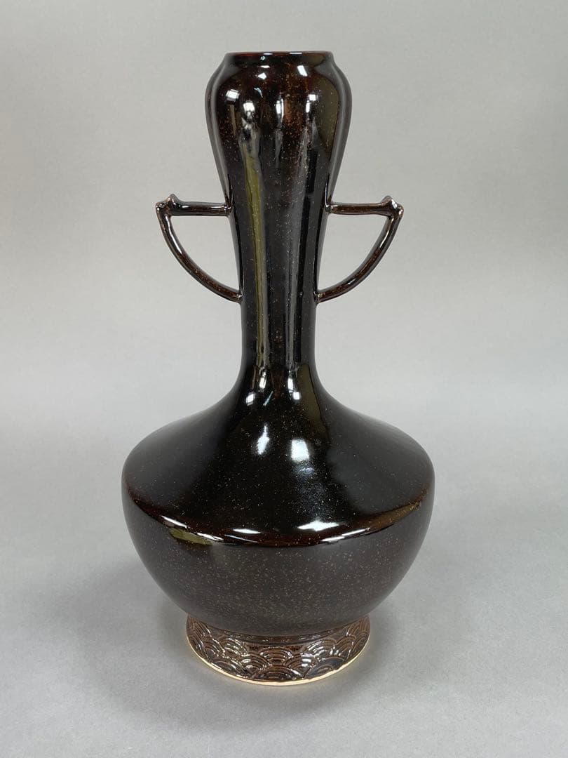 Iwasaki Shinjo Zeze-yaki Flower Vase Eared Koji-guchi Black Glaze w/ Box 30.7cm
