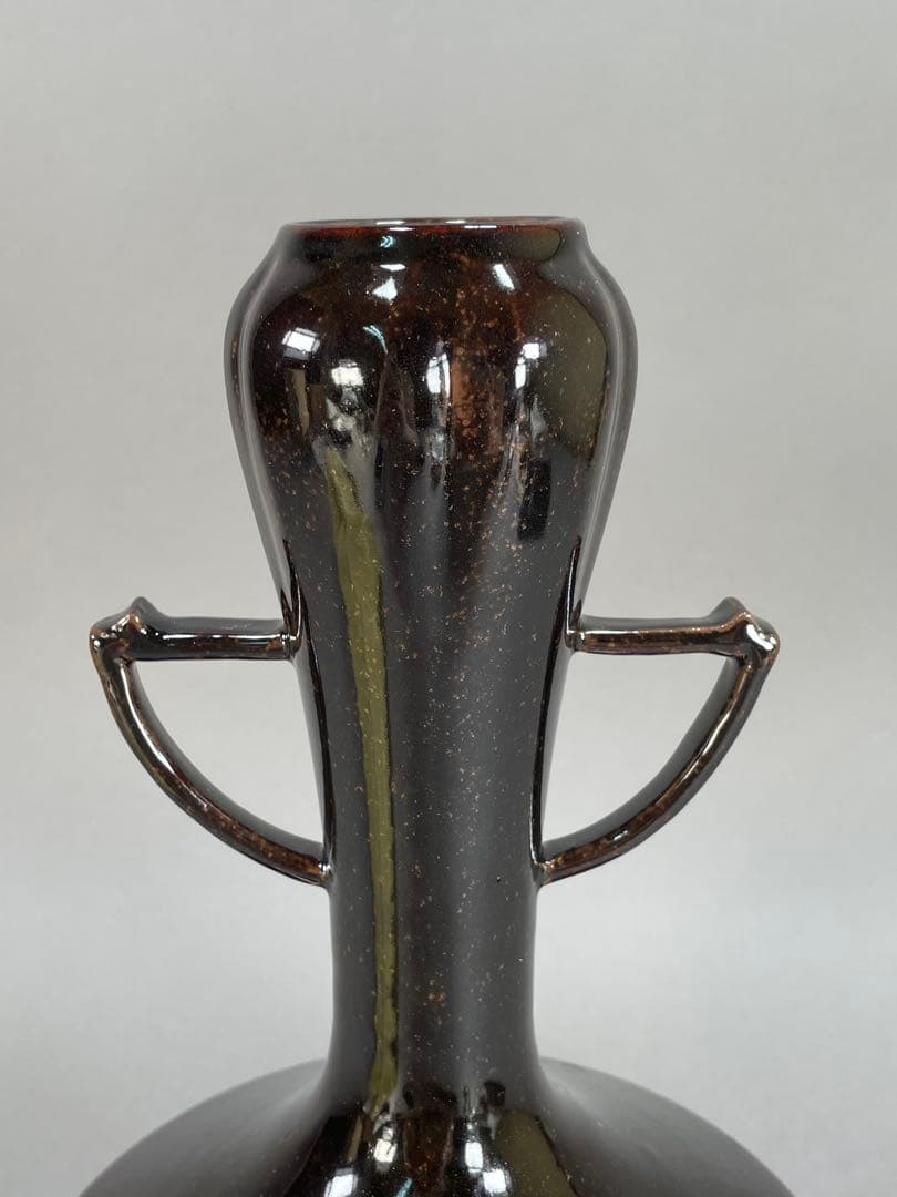 Iwasaki Shinjo Zeze-yaki Flower Vase Eared Koji-guchi Black Glaze w/ Box 30.7cm
