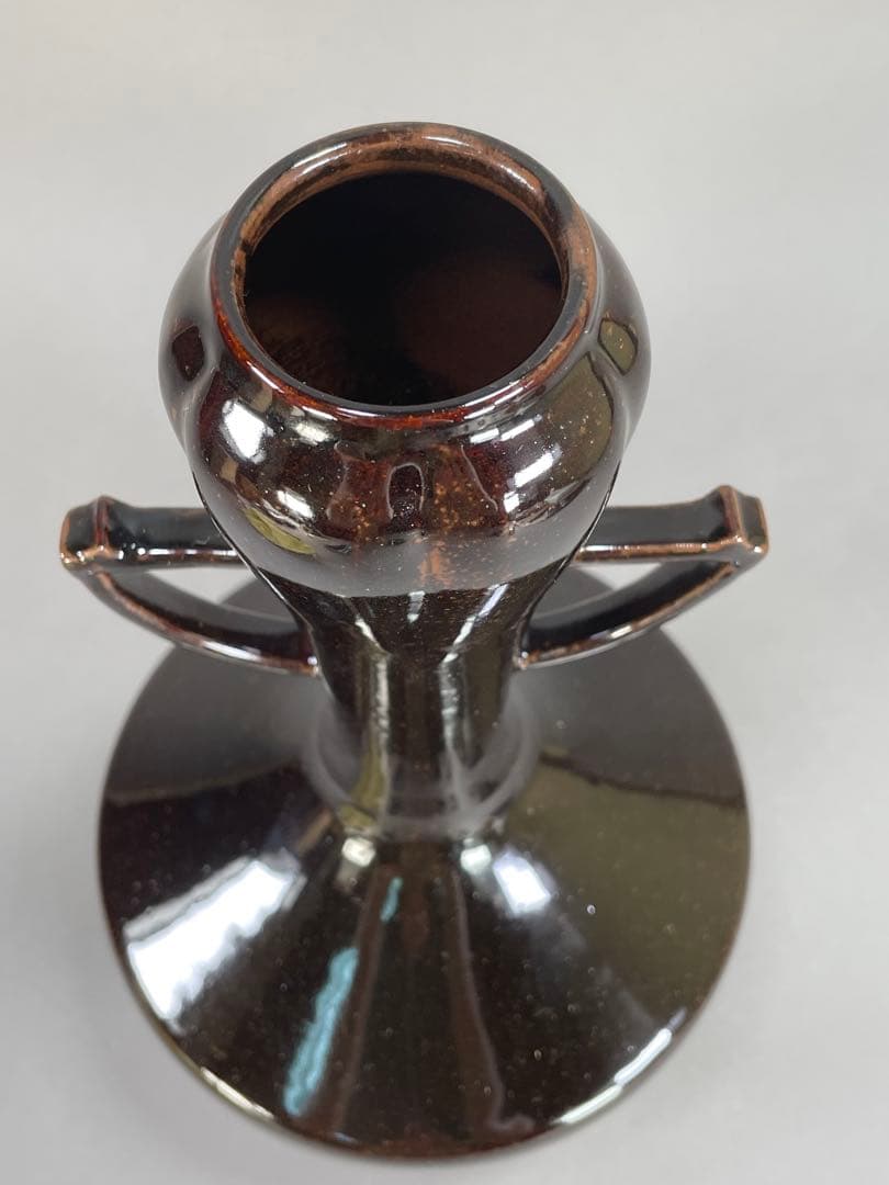 Iwasaki Shinjo Zeze-yaki Flower Vase Eared Koji-guchi Black Glaze w/ Box 30.7cm