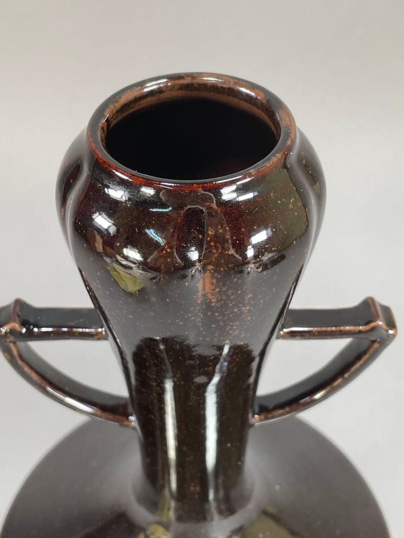 Iwasaki Shinjo Zeze-yaki Flower Vase Eared Koji-guchi Black Glaze w/ Box 30.7cm