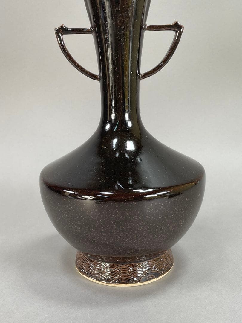 Iwasaki Shinjo Zeze-yaki Flower Vase Eared Koji-guchi Black Glaze w/ Box 30.7cm