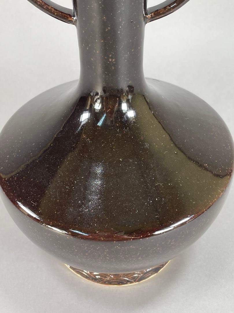 Iwasaki Shinjo Zeze-yaki Flower Vase Eared Koji-guchi Black Glaze w/ Box 30.7cm