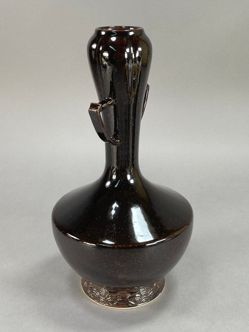 Iwasaki Shinjo Zeze-yaki Flower Vase Eared Koji-guchi Black Glaze w/ Box 30.7cm
