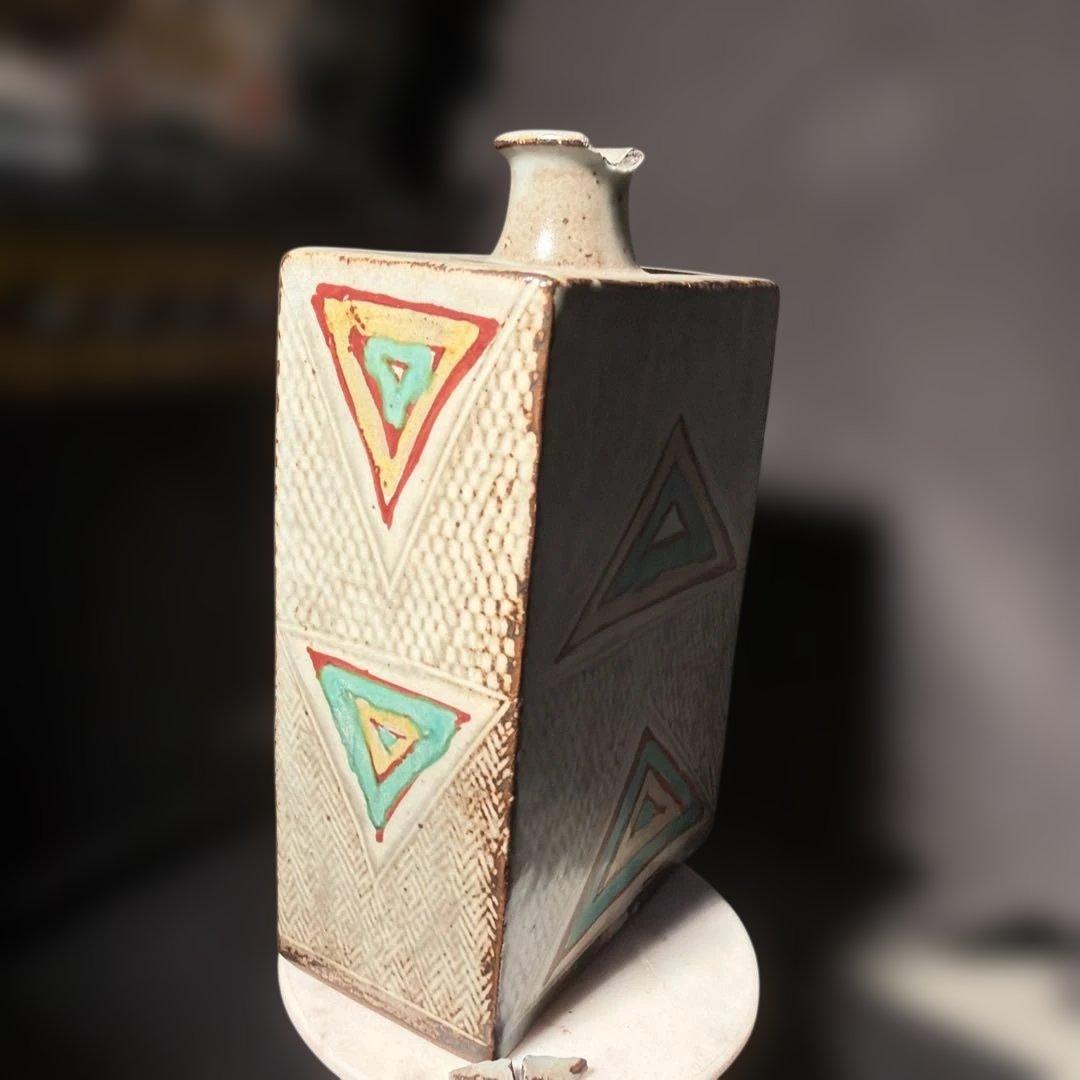 Tatsuzo Shimaoka Square Vase Zogan Inlay Akae Floral Design Living National Treasure Mashiko