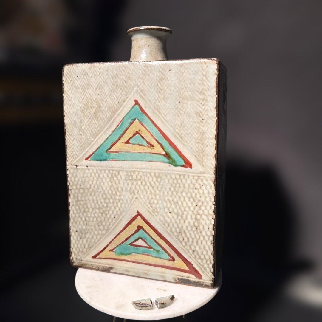Tatsuzo Shimaoka Square Vase Zogan Inlay Akae Floral Design Living National Treasure Mashiko