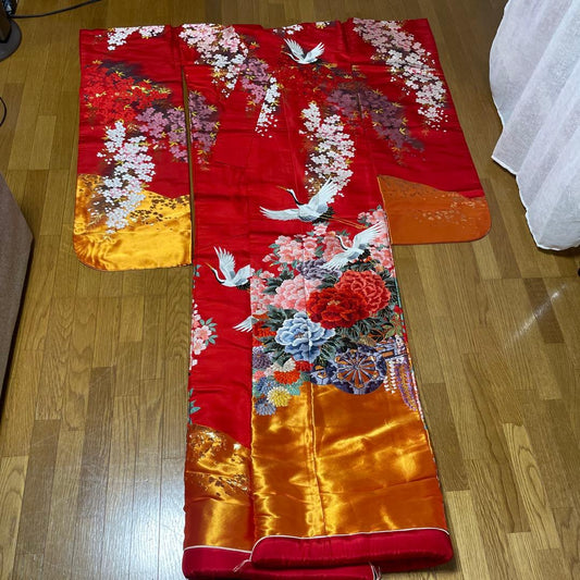 Japanese Iro-Uchikake Wedding Kimono Silk Red Ground Sakura Crane Embroidery