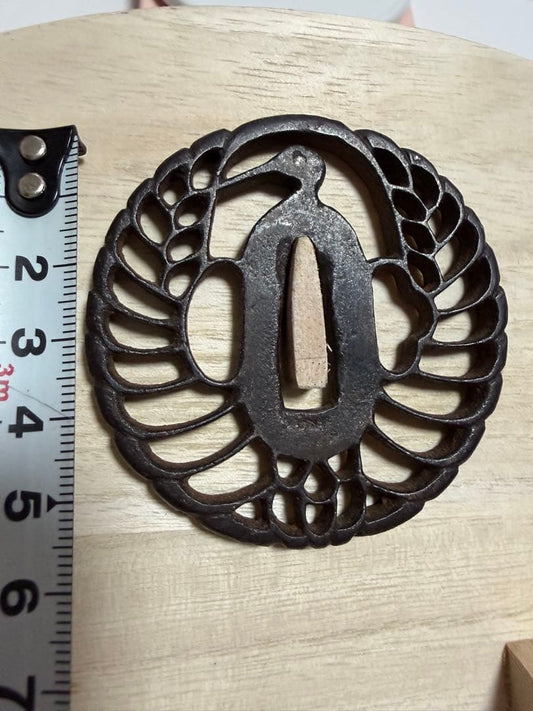 Antique Iron Tsuba Samurai Sword Fitting with Openwork Crane Design