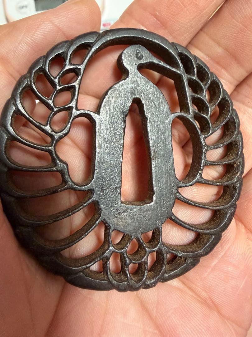 Antique Iron Tsuba Samurai Sword Fitting with Openwork Crane Design