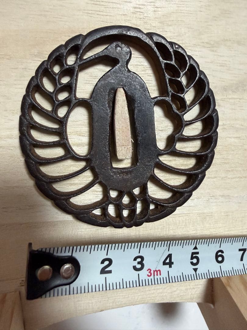 Antique Iron Tsuba Samurai Sword Fitting with Openwork Crane Design