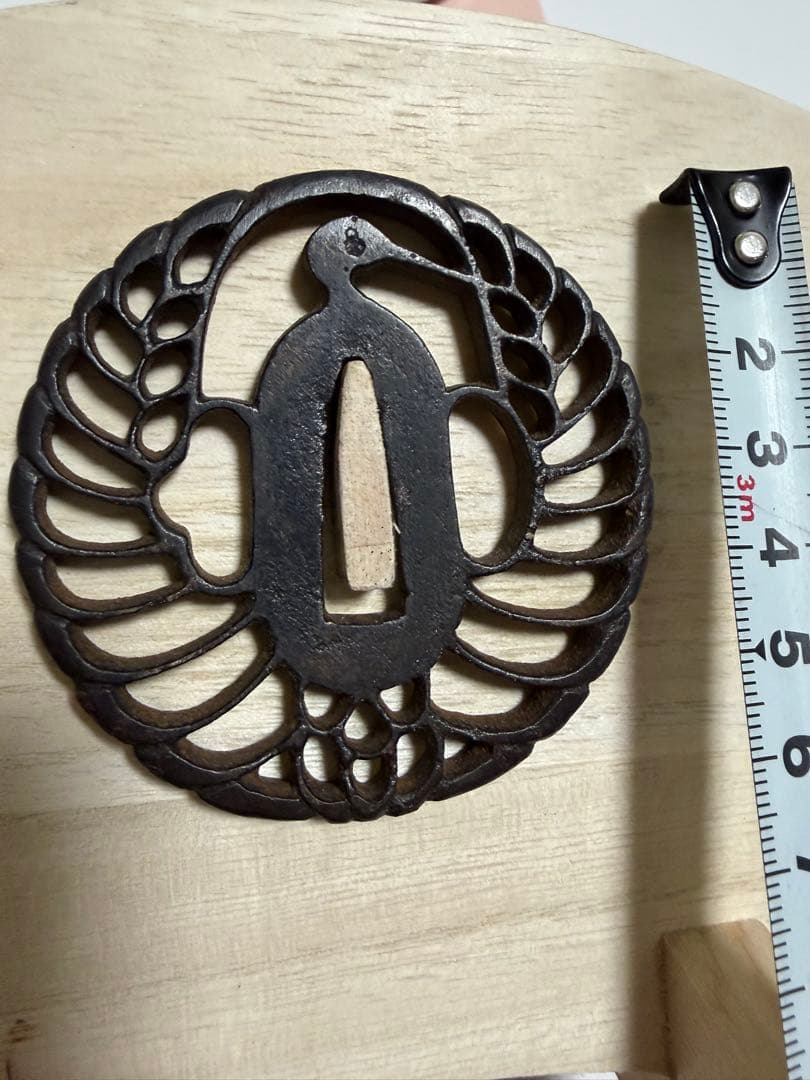 Antique Iron Tsuba Samurai Sword Fitting with Openwork Crane Design