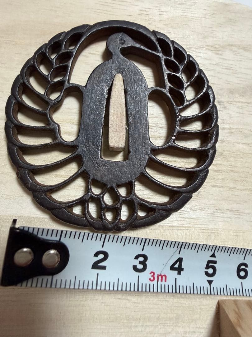 Antique Iron Tsuba Samurai Sword Fitting with Openwork Crane Design