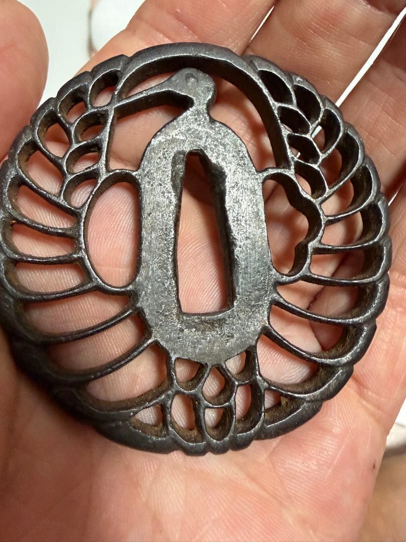 Antique Iron Tsuba Samurai Sword Fitting with Openwork Crane Design