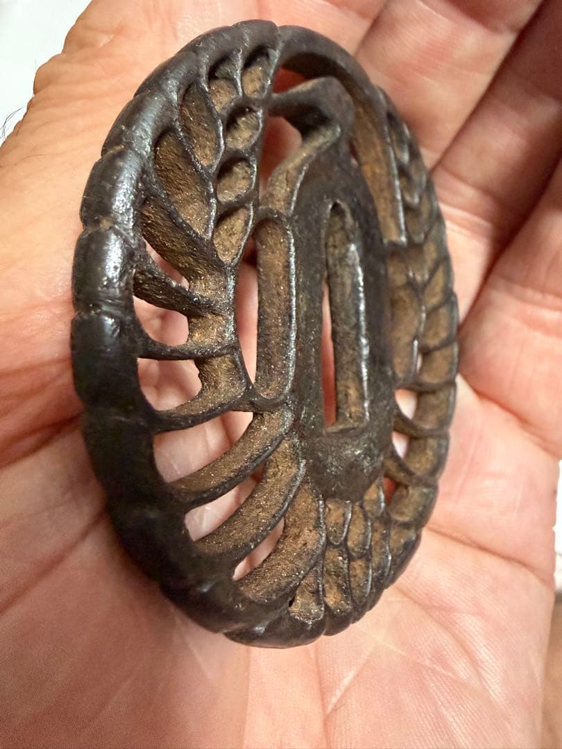 Antique Iron Tsuba Samurai Sword Fitting with Openwork Crane Design