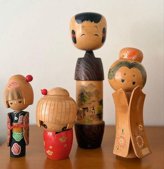 Set of 4 Vintage Creative Kokeshi Dolls by Sogen, Okamoto Usaburo and Others