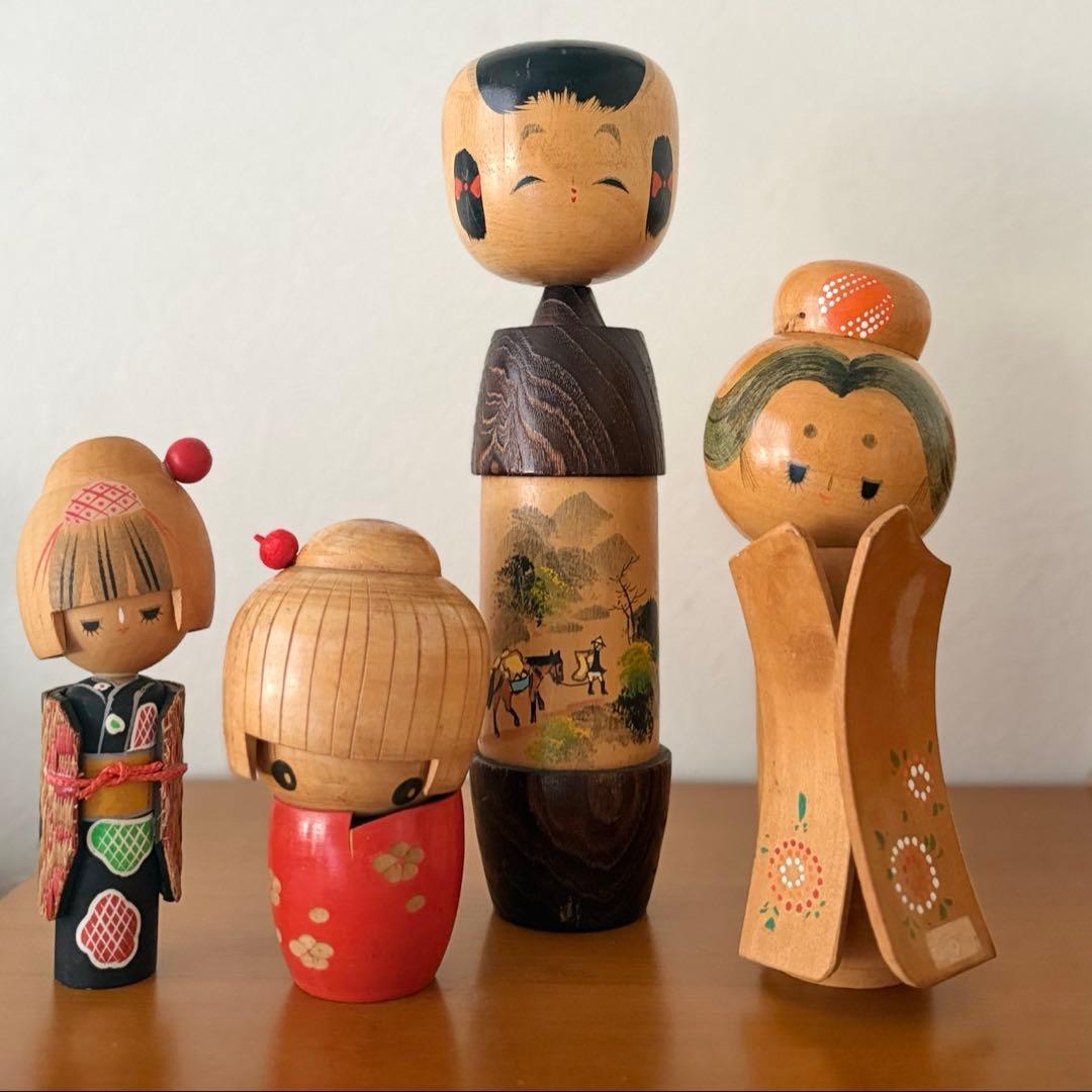Set of 4 Vintage Creative Kokeshi Dolls by Sogen, Okamoto Usaburo and Others