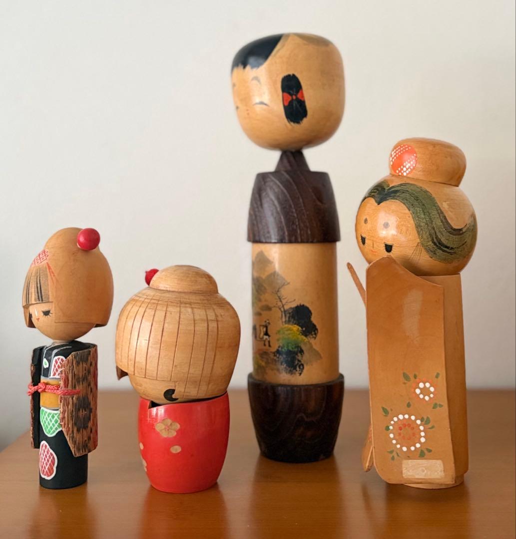Set of 4 Vintage Creative Kokeshi Dolls by Sogen, Okamoto Usaburo and Others