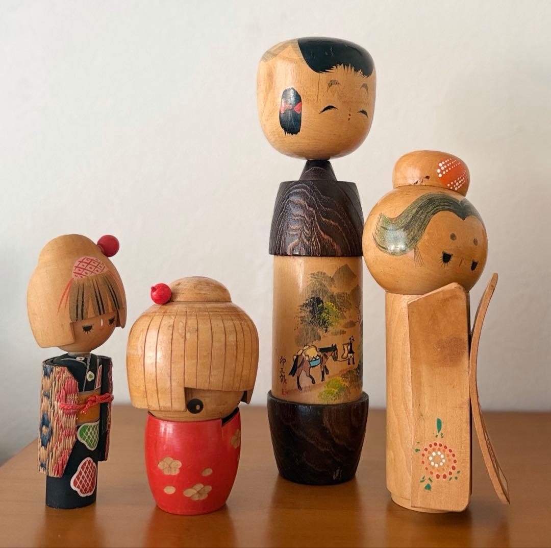 Set of 4 Vintage Creative Kokeshi Dolls by Sogen, Okamoto Usaburo and Others