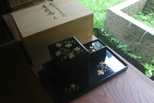 Japanese Lacquer Stacking Jubako Box Set with Fern Scroll Maki-e, Trays & Plates