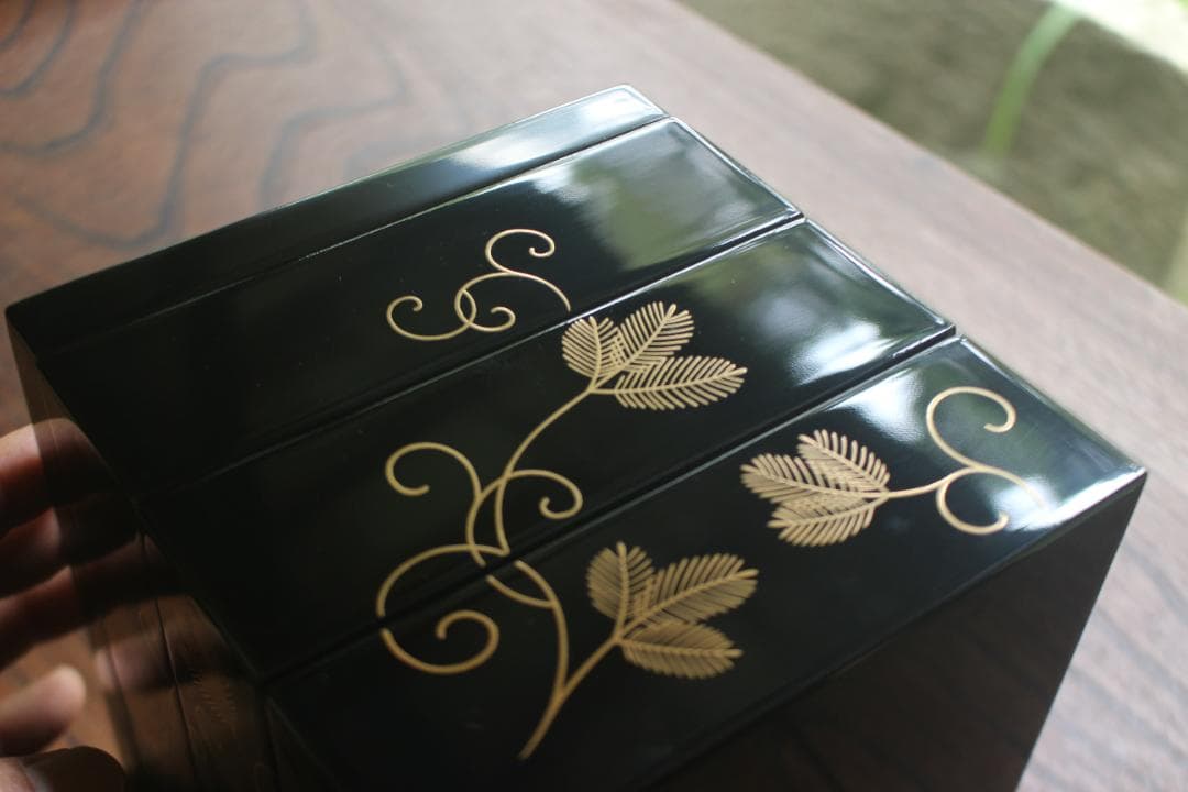 Japanese Lacquer Stacking Jubako Box Set with Fern Scroll Maki-e, Trays & Plates