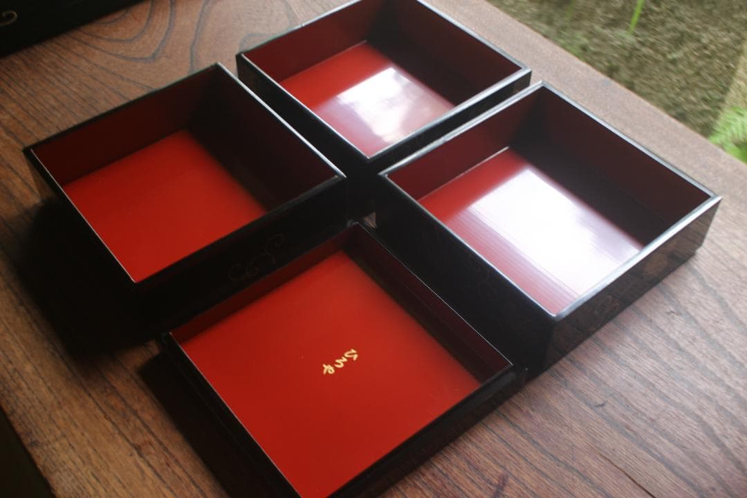 Japanese Lacquer Stacking Jubako Box Set with Fern Scroll Maki-e, Trays & Plates