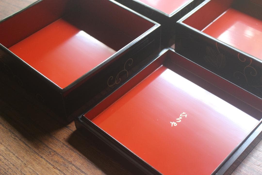 Japanese Lacquer Stacking Jubako Box Set with Fern Scroll Maki-e, Trays & Plates