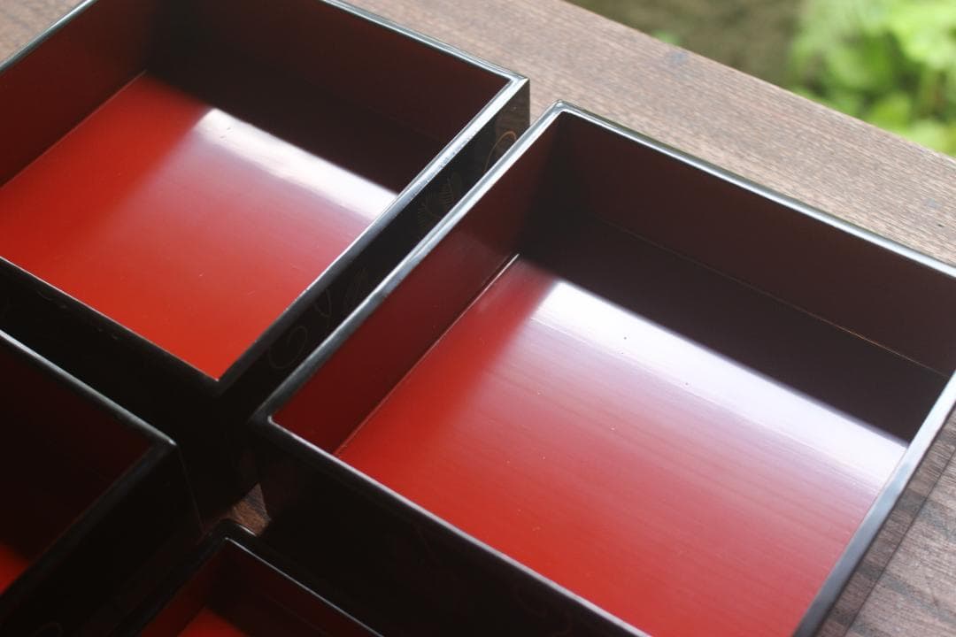Japanese Lacquer Stacking Jubako Box Set with Fern Scroll Maki-e, Trays & Plates