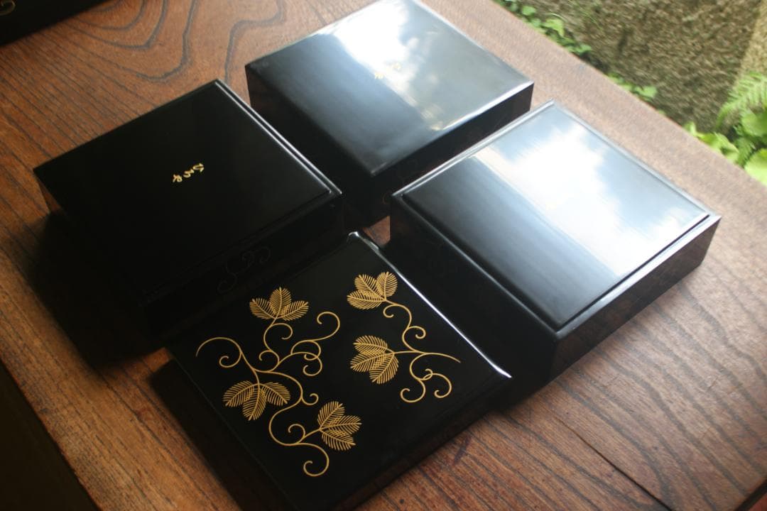 Japanese Lacquer Stacking Jubako Box Set with Fern Scroll Maki-e, Trays & Plates