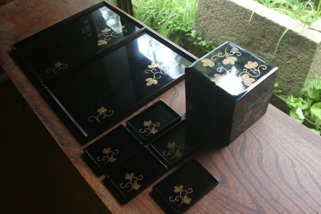 Japanese Lacquer Stacking Jubako Box Set with Fern Scroll Maki-e, Trays & Plates