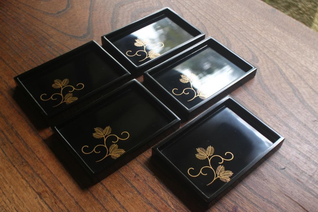 Japanese Lacquer Stacking Jubako Box Set with Fern Scroll Maki-e, Trays & Plates