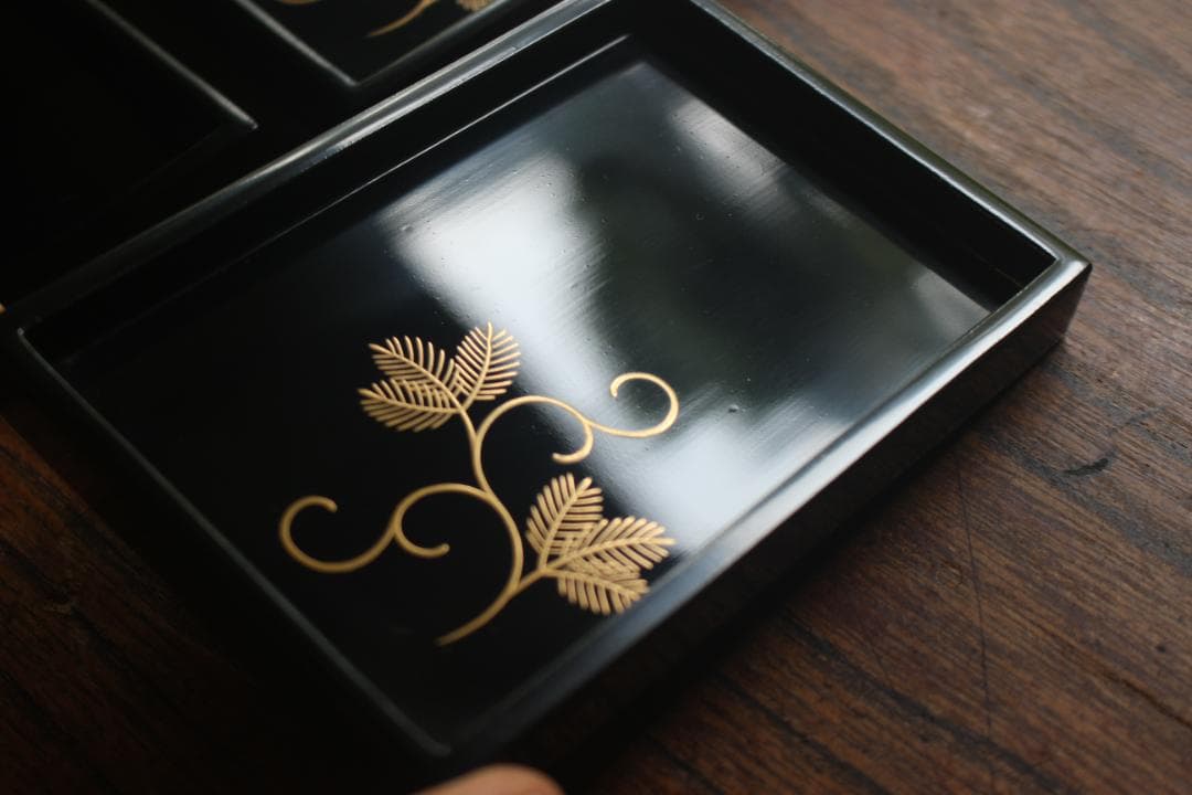 Japanese Lacquer Stacking Jubako Box Set with Fern Scroll Maki-e, Trays & Plates