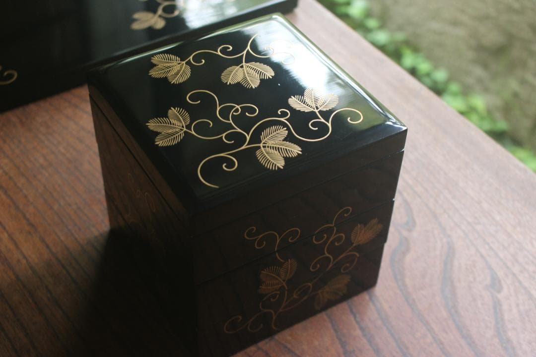 Japanese Lacquer Stacking Jubako Box Set with Fern Scroll Maki-e, Trays & Plates