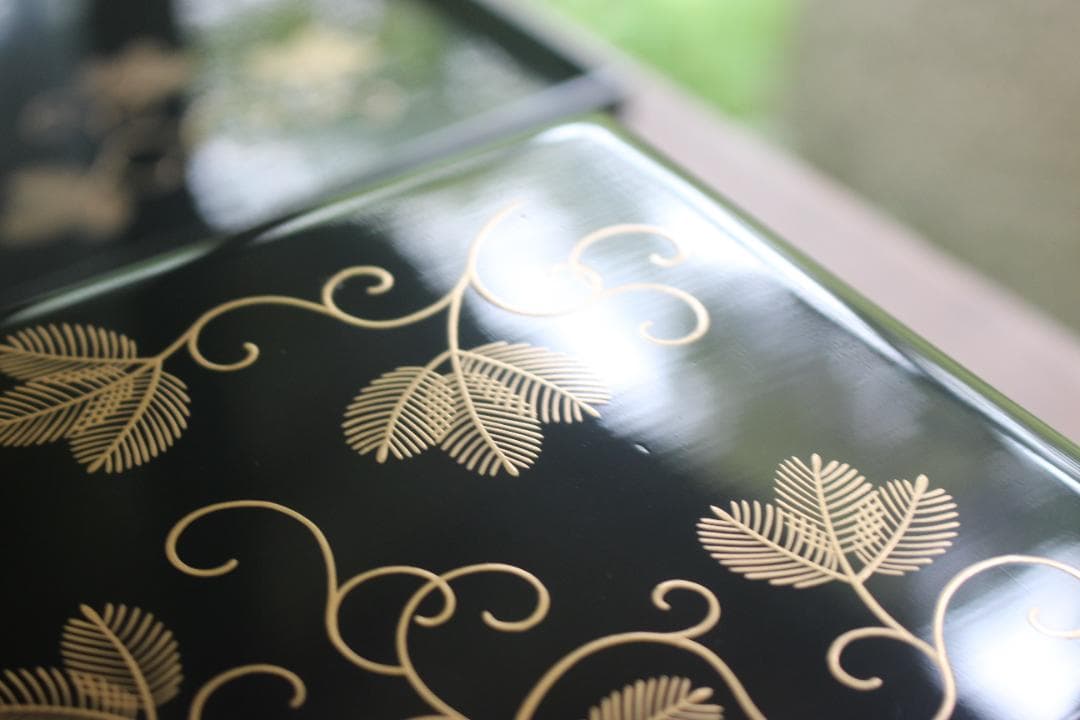 Japanese Lacquer Stacking Jubako Box Set with Fern Scroll Maki-e, Trays & Plates