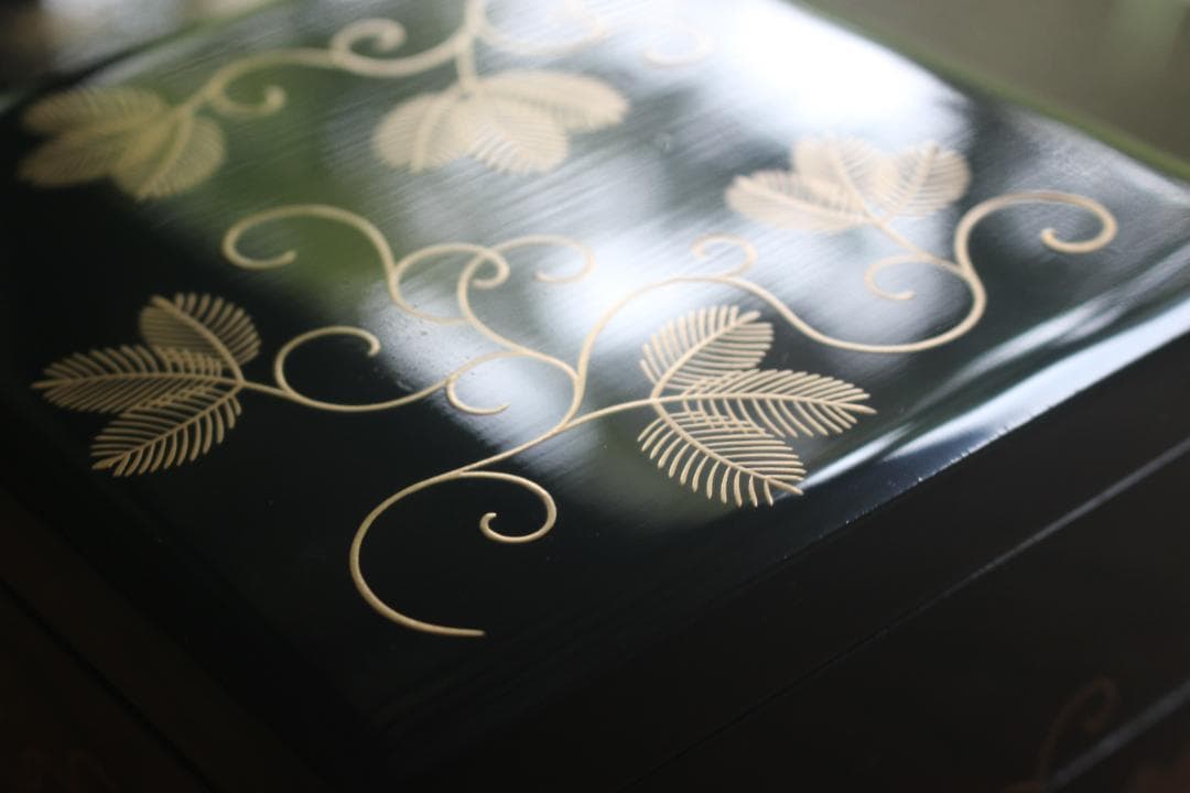 Japanese Lacquer Stacking Jubako Box Set with Fern Scroll Maki-e, Trays & Plates