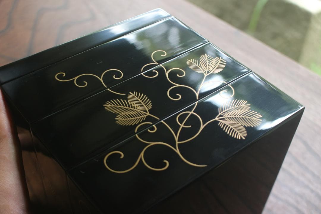 Japanese Lacquer Stacking Jubako Box Set with Fern Scroll Maki-e, Trays & Plates