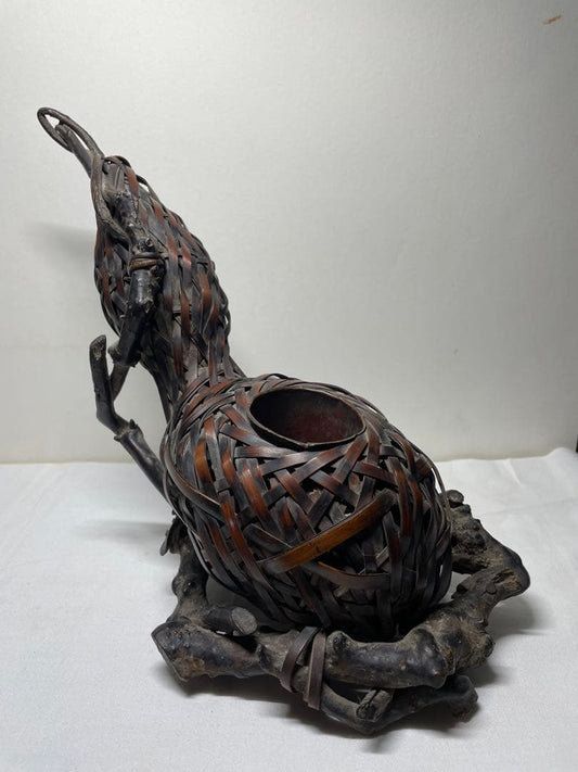 Japanese Bamboo Ikebana Flower Basket Gourd Shape with Driftwood Base
