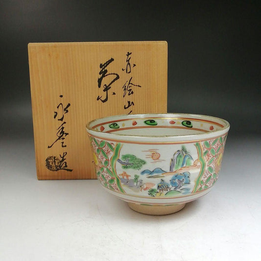 Hashimoto Eiho Matcha Tea Bowl Akae Sansui Landscape with Signed Wooden Box