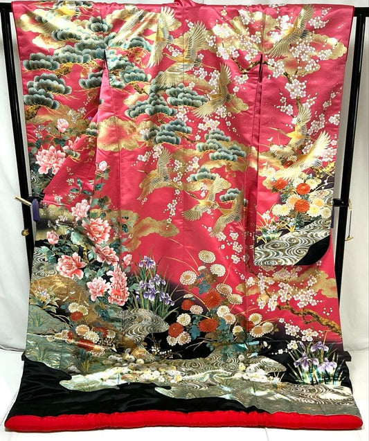 Silk Iro-Uchikake Bridal Kimono Gold Silver Foil Lame Floral Pink