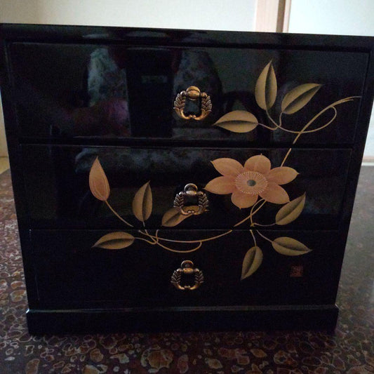 Japanese Lacquered Wood Tansu Small Chest with 3 Drawers Tessen Flower Design