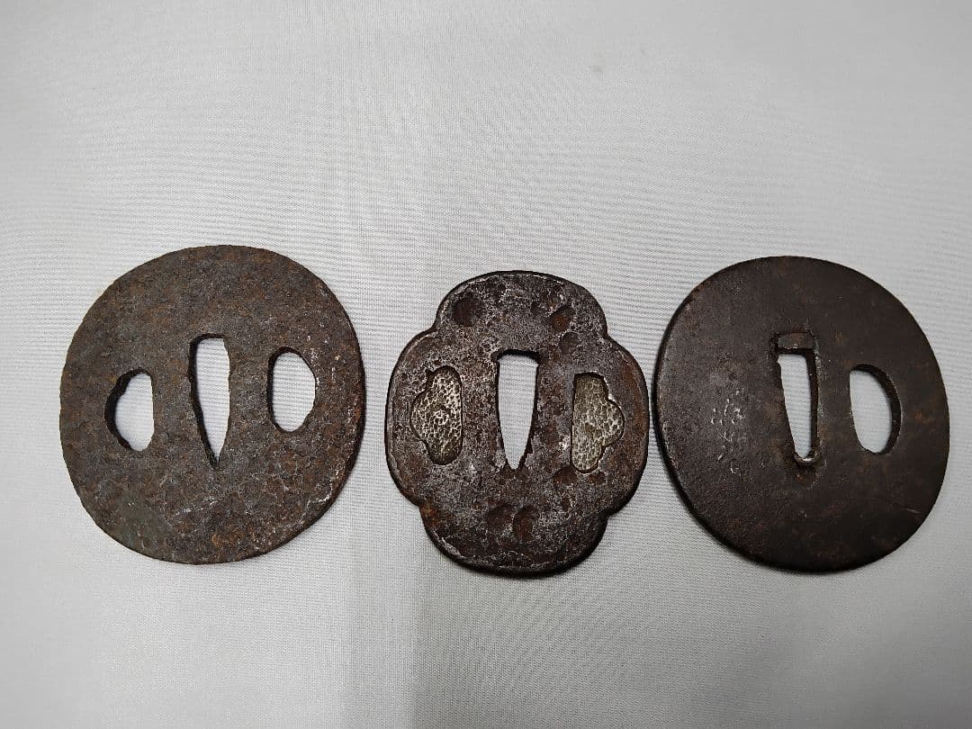 Iron Tsuba Sword Guards, Set of 3, Edo Period, Antique Japanese Katana Fittings