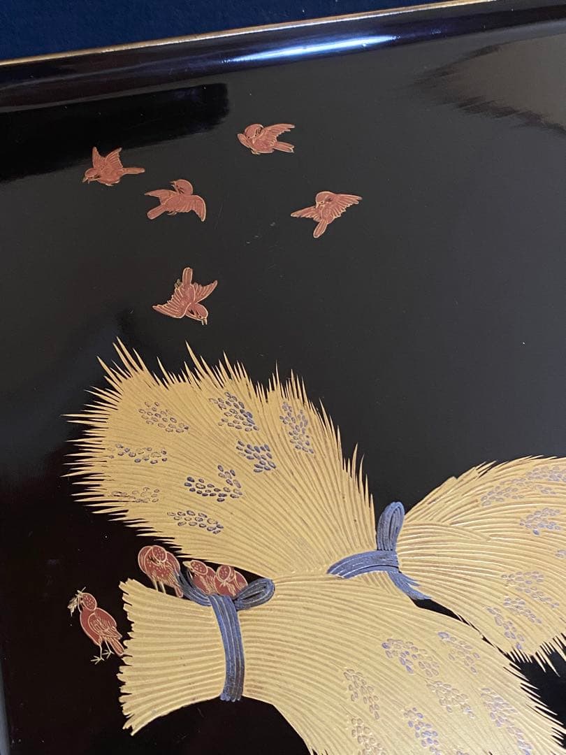 Black Lacquer Suimono Trays Set of 10, Gold Maki-e Flower & Bird Designs, Wood Box