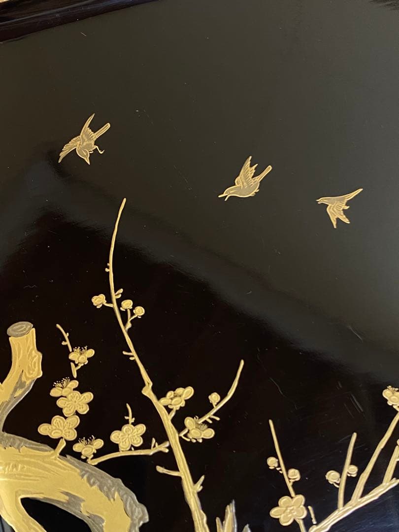 Black Lacquer Suimono Trays Set of 10, Gold Maki-e Flower & Bird Designs, Wood Box