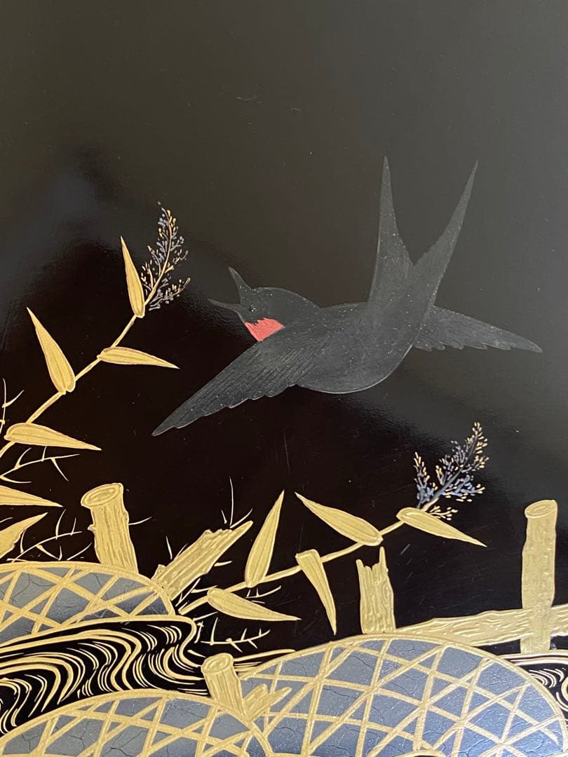 Black Lacquer Suimono Trays Set of 10, Gold Maki-e Flower & Bird Designs, Wood Box
