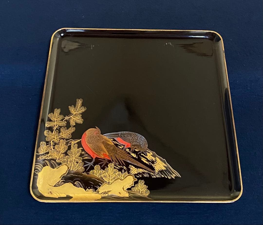 Black Lacquer Suimono Trays Set of 10, Gold Maki-e Flower & Bird Designs, Wood Box