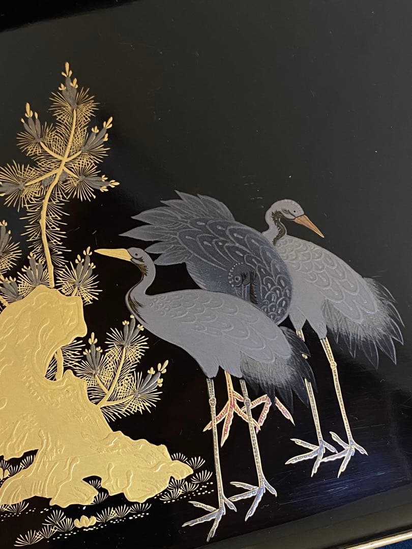 Black Lacquer Suimono Trays Set of 10, Gold Maki-e Flower & Bird Designs, Wood Box